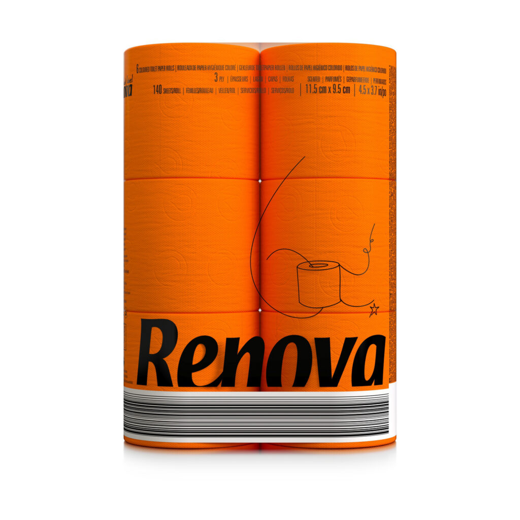 Renova Orange Toilet Paper 3-Ply -Ideal for Decorating Your Home or Office – Pack of 6 Compact Rolls- 140 Sheets – Eco-label Certified – Dermatologically Tested – Septic Safe – Sustainable & Soft.