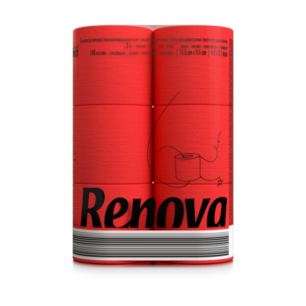 Renova Red Toilet Paper 3-Ply -Ideal for Decorating Your Home or Office - Pack of 6 Compact Size Rolls- 140 Sheets - Eco-label Certified - Dermatologically Tested - Septic Safe - Sustainable & Soft.