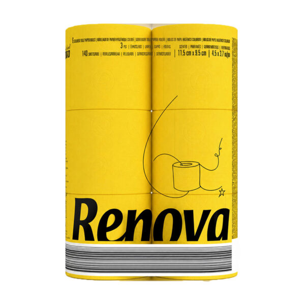 Renova Yellow Toilet Paper 3-Ply -Ideal for Decorating Your Home or Office - Pack of 6 Compact Rolls- 140 Sheets - Eco-label Certified - Dermatologically Tested - Septic Safe - Sustainable & Soft