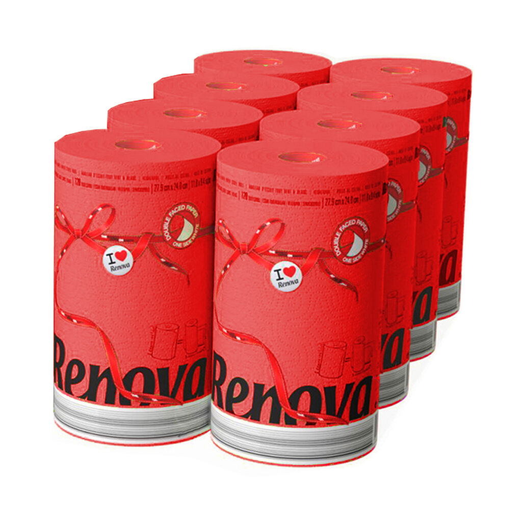 Renova Red Paper Towel Jumbo Roll 2-Ply 120 Sheets, Set of 8