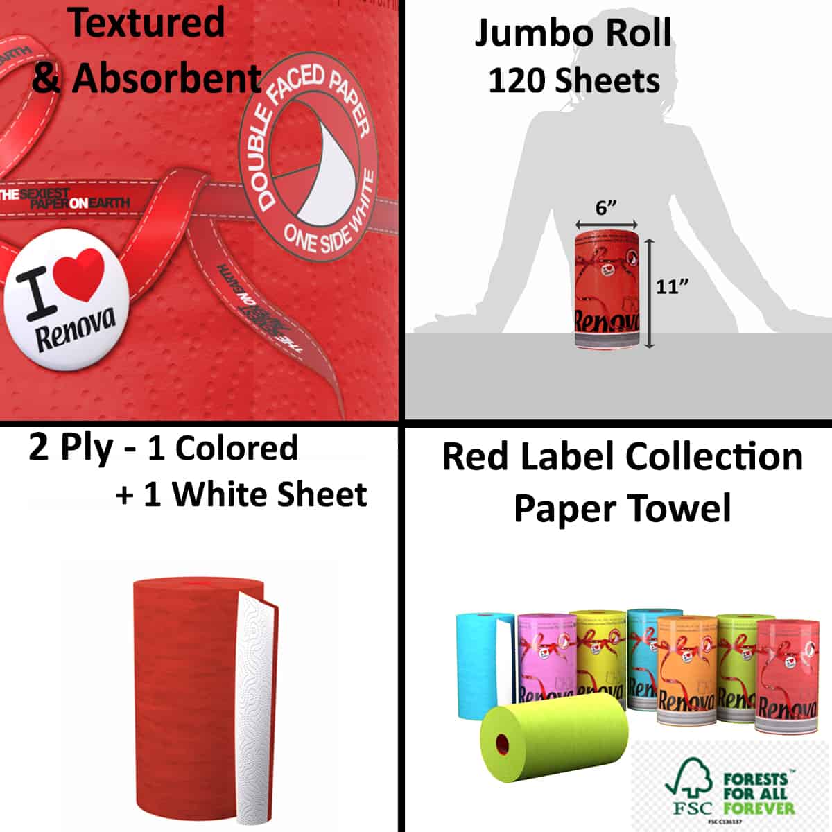 Renova Luxury Colored Paper Towel Jumbo Rolls 2-Ply-120 Sheets Set of 8