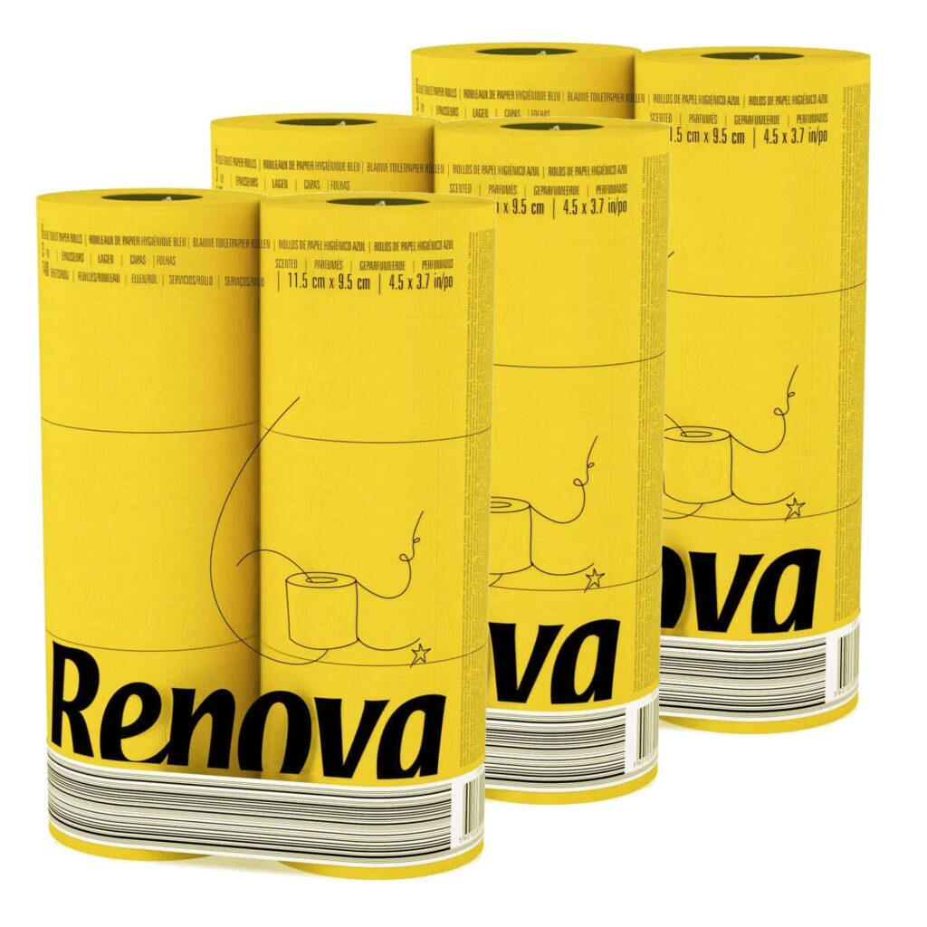 Renova 3-Pack Yellow Toilet Paper -Add Bathroom Fun With this Perfect Touch – Pack of 6 Compact Rolls- 140 Sheets – 3 Ply – Eco-label Certified – Septic System Safe – Sustainable & Soft