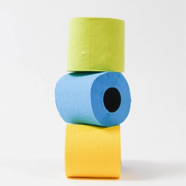 a vertical stack of 3 rolls, lime green on top, blue in the middle, and yellow on the bottom