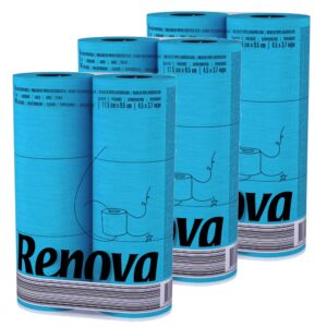 Renova 3-Pack, Blue Toilet Paper -Add Bathroom Fun With this Perfect Touch - Pack of 6 Compact Rolls- 140 Sheets - 3 Ply - Eco-label Certified - Septic System Safe - Sustainable & Soft