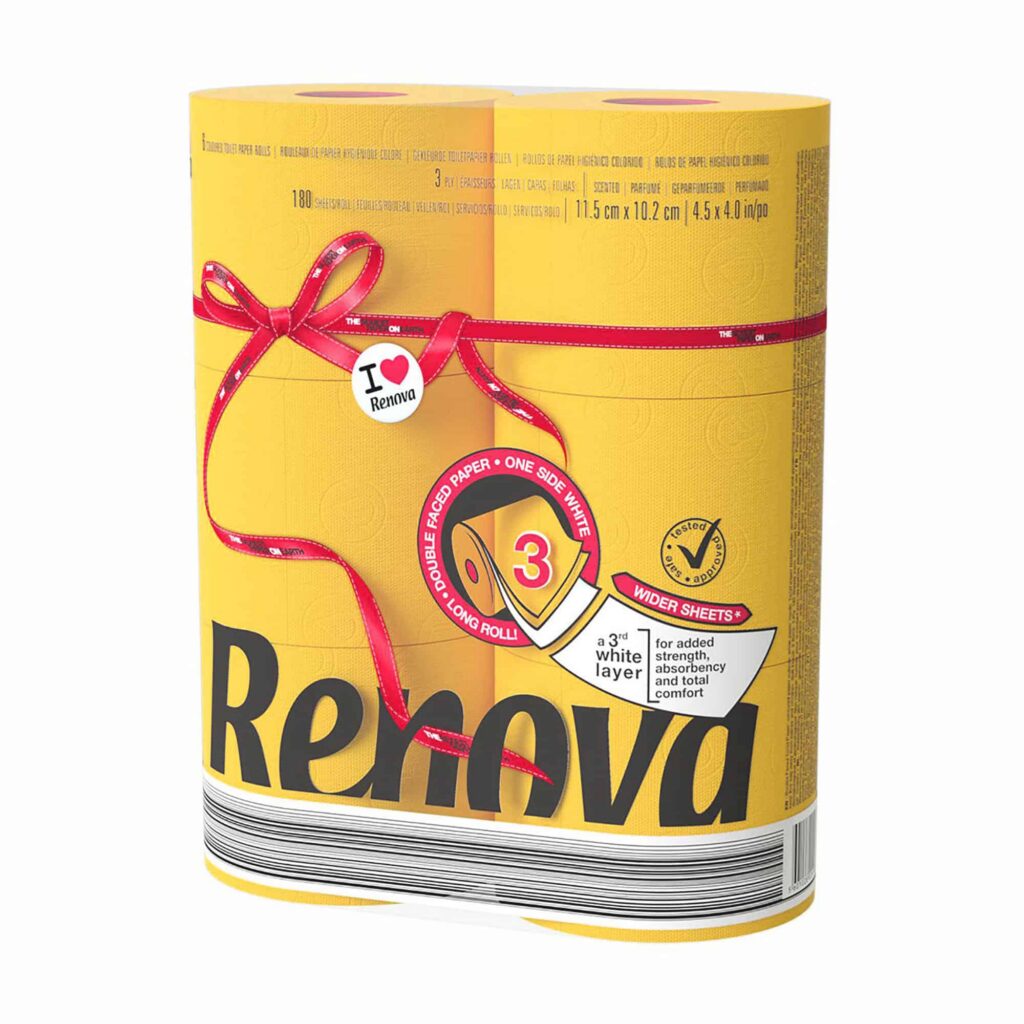 Renova Yellow Toilet Paper Jumbo, 6 Rolls, 3-Ply, 180 Sheets