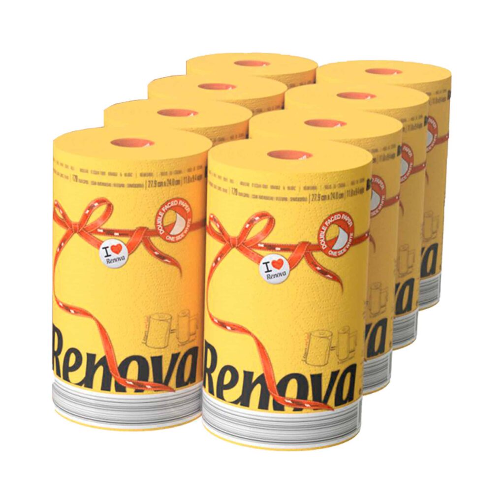 Renova Yellow Paper Towel Jumbo Roll 2-Ply 120 Sheets, Set of 8