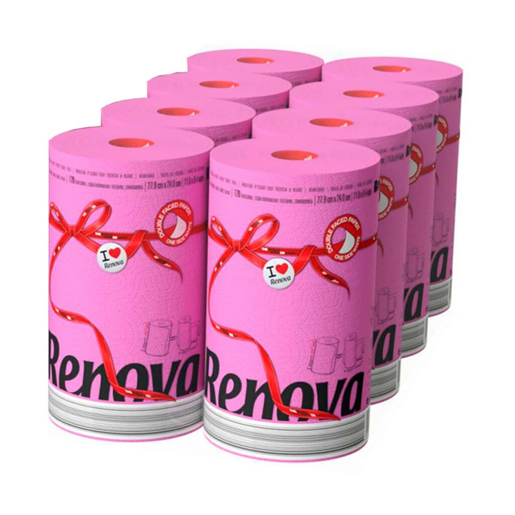 Renova Pink Paper Towel Jumbo Roll 2 Ply 120 Highly Absorbent Sheets Set of 8