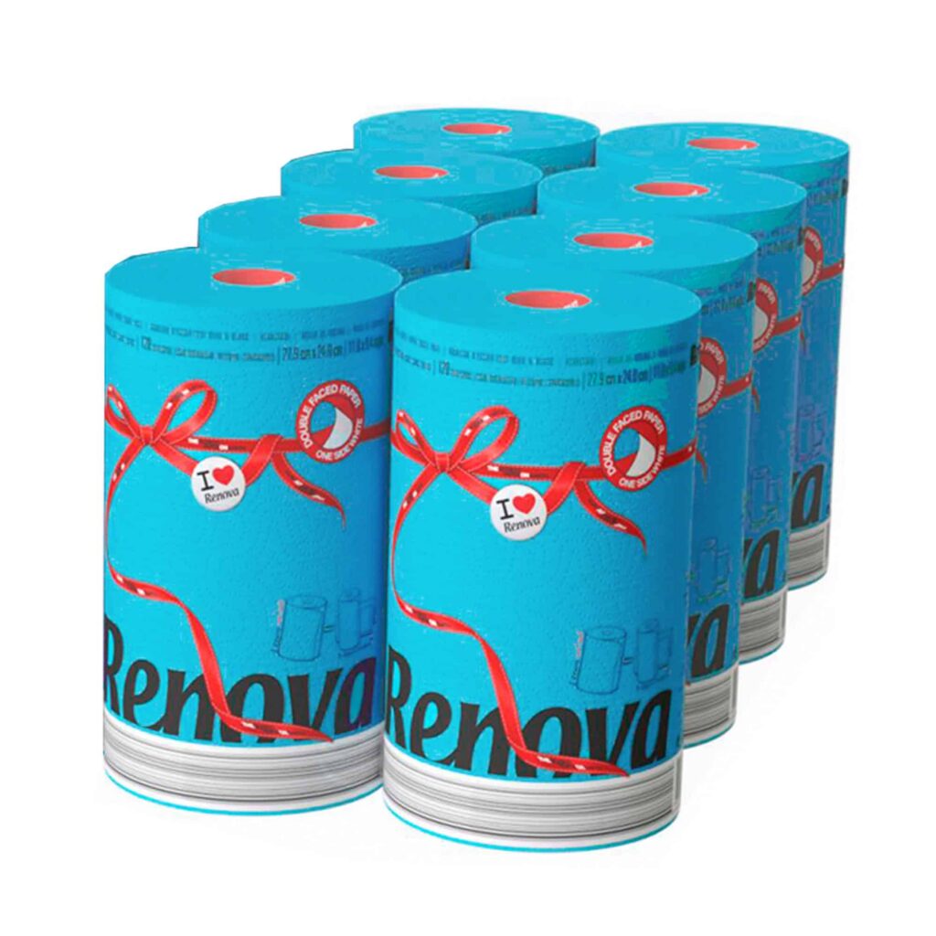 Renova Blue Paper Towel Jumbo Roll 2 Ply 120 Highly Absorbent Sheets Set of 8