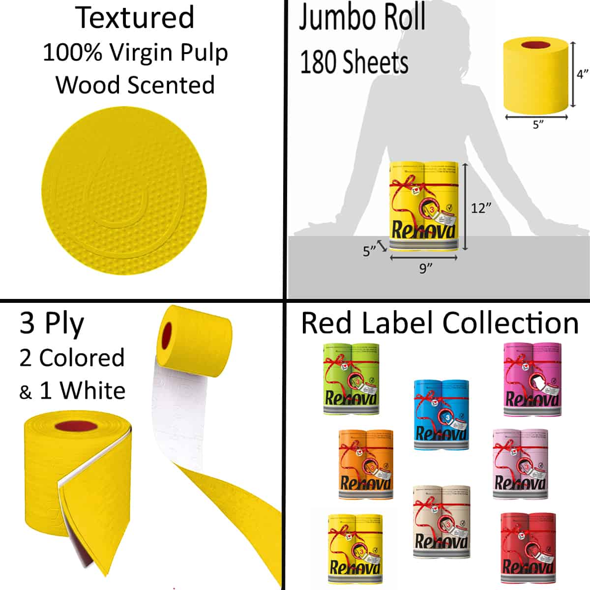 Luxury Scented Colored Toilet Paper 6 Jumbo Rolls 3-Ply-180 Sheets Box 12 packs-72R