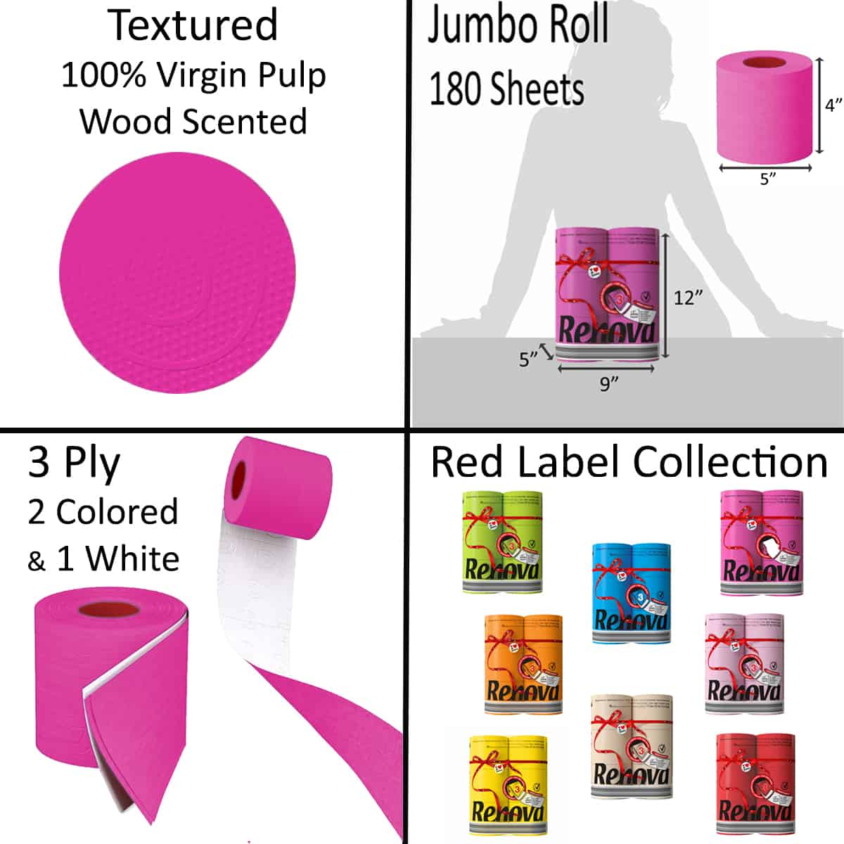 Luxury Scented Colored Toilet Paper 6 Jumbo Rolls 3-Ply-180 Sheets Box 12 packs-72R