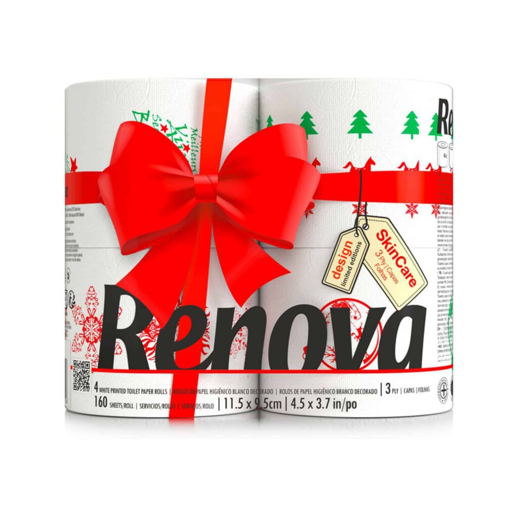 Renova Christmas Toilet Paper 3-Ply, 4 Rolls, 160 Sheets per Roll