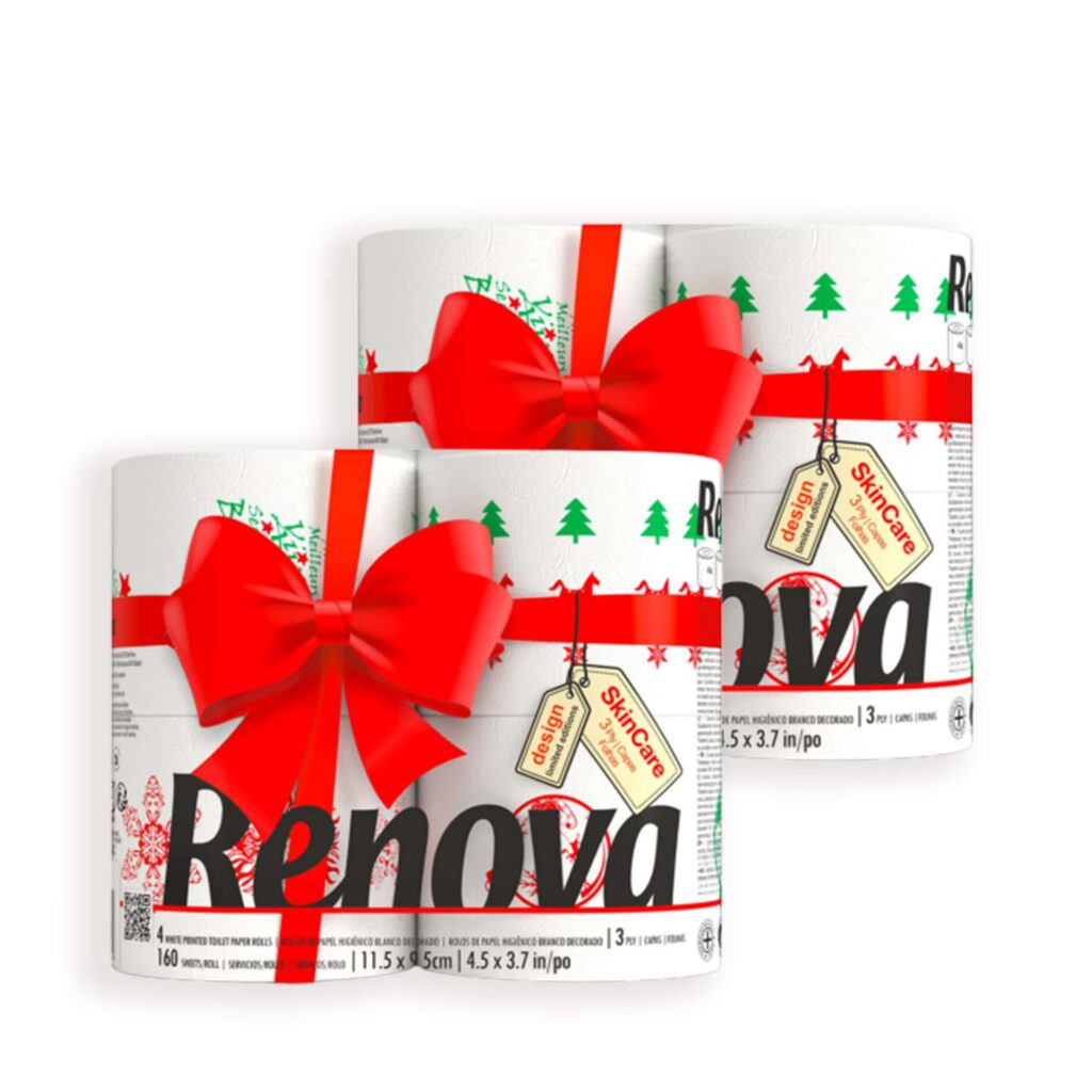 Renova Christmas Toilet Paper 8 Rolls – 3 Ply – 160 Sheets per Roll – Festive and Fun Bathroom Essential for the Holidays – Set of 2 packs