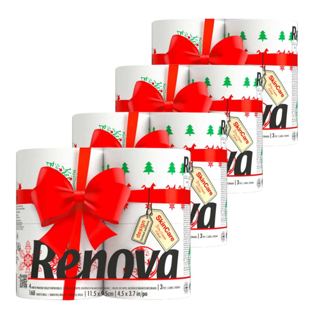 Renova Christmas Toilet Paper 3-Ply, 16 Rolls, 160 Sheets per Roll