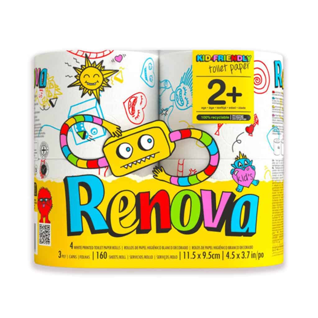Renova Kids Toilet Paper 4 Rolls Pack – 3 Ply – 160 Sheets per Roll – Soft, Playful, and Ready for Any Bathroom Adventure
