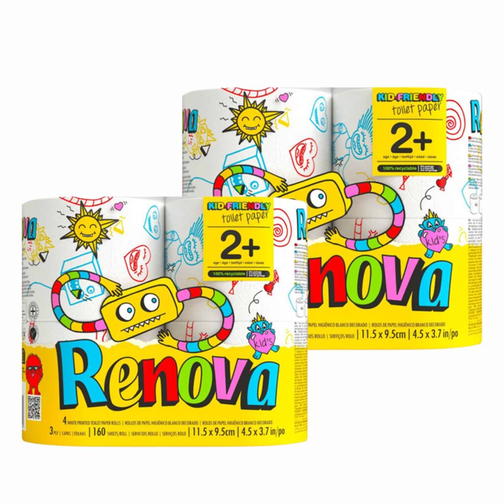 Renova Kids Toilet Paper 8 Rolls – 3 Ply – 160 Sheets per Roll – Soft, Playful, and Ready for Any Bathroom Adventure – Set of 2 packs