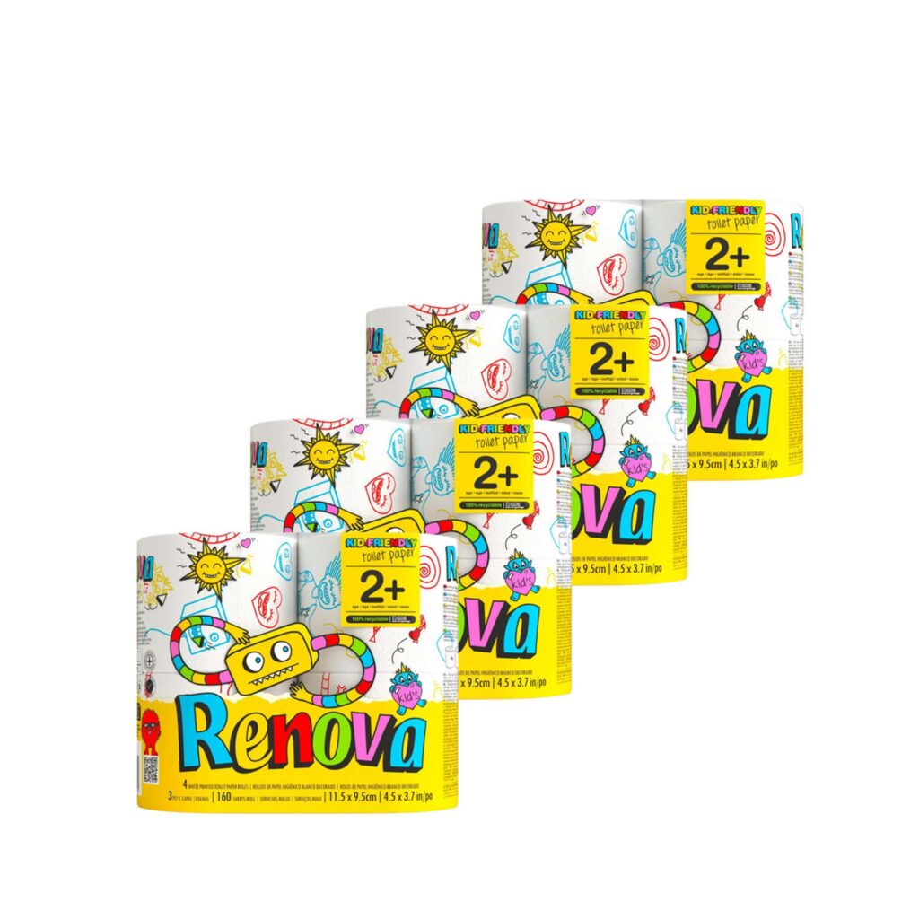 Renova Kids Toilet Paper 16 Rolls – 3 Ply – 160 Sheets per Roll – Soft, Playful, and Ready for Any Bathroom Adventure – Set of 4 packs