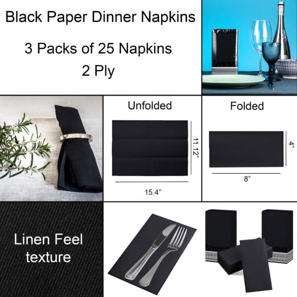 Servilleras de papel de cena negra 3 paquetes de 3 | Renova | 25 servilletas | 2 capas