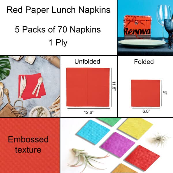 Servilletas de papel rojo de 5 paquetes | Renova | 70 servilletas | 1 capa