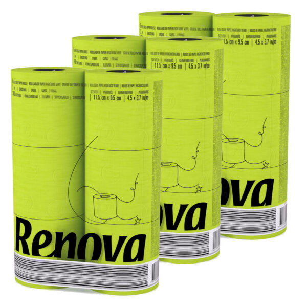 Renova 3-Pack Lime Green Toilet Paper - Add Bathroom Fun With this Perfect Touch - Pack of 6 Compact Rolls- 140 Sheets - 3 Ply - Eco-label Certified - Septic System Safe - Sustainable & Soft