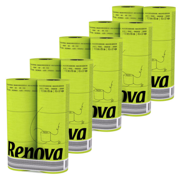 Renova 5-Pack Lime Green Toilet Paper - choose your color and enhance the mood of your toilet - 30 Compact Rolls- 140 Sheets - 3 Ply - Eco-label Certified - Septic System Safe