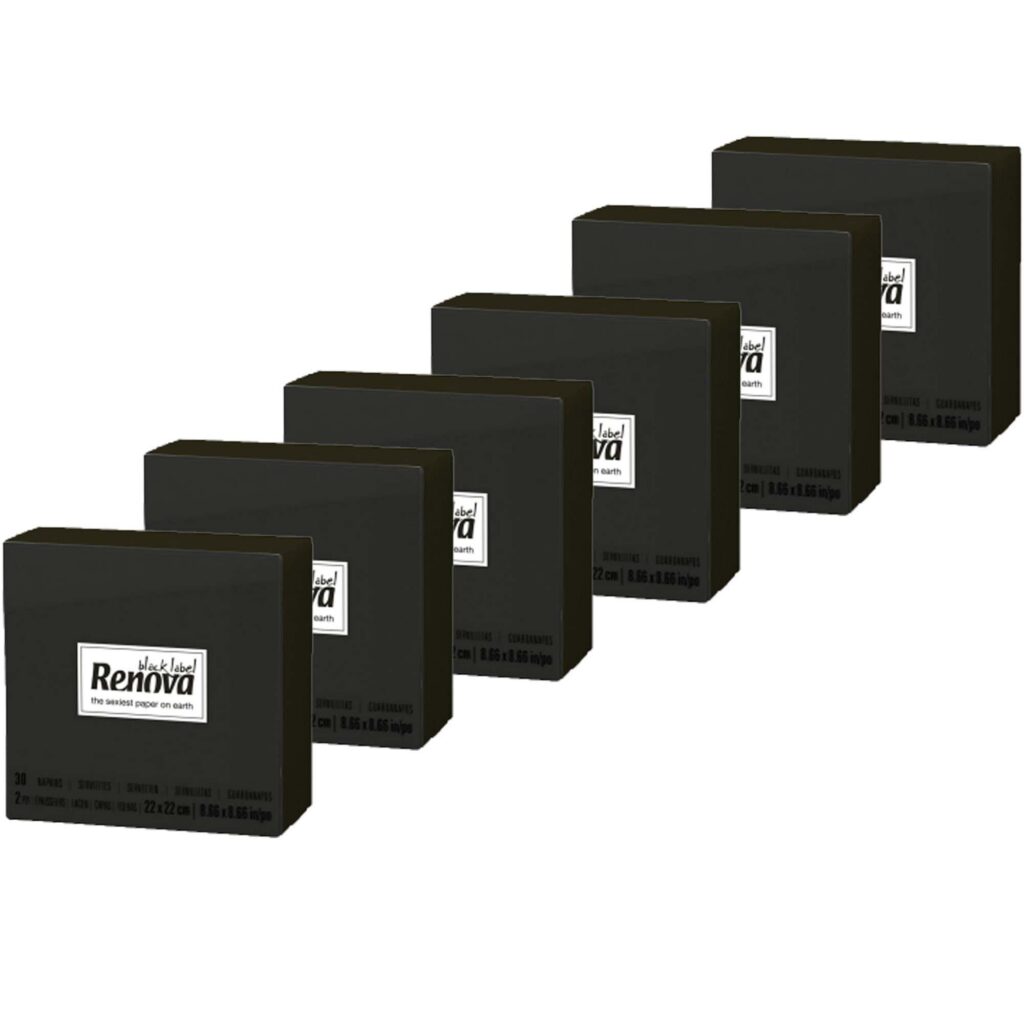 Black Cocktail Paper Napkins by Renova, 2-Ply 180 Count, 6 Packs