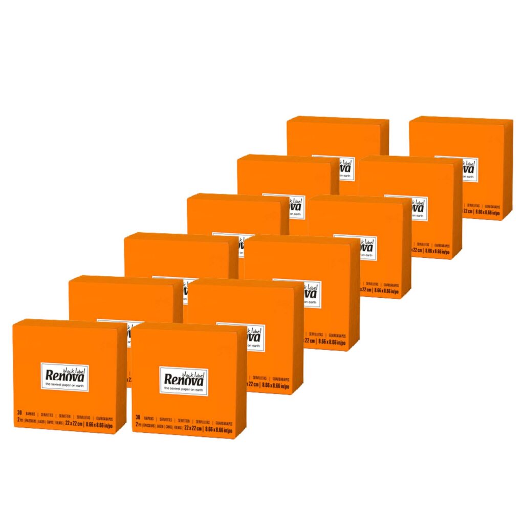 Renova Orange Beverage Napkins, 2-Ply Paper Bulk 360 Count, 12 Packs