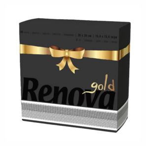 A black napkins pack with gold ribbon and bow