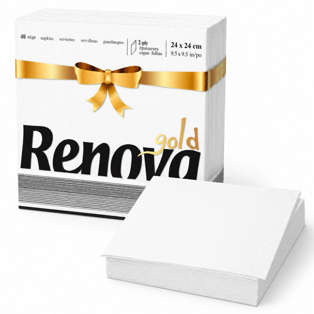 Renova White Premium Paper Napkins 2-Ply, Square, 40 Napkins