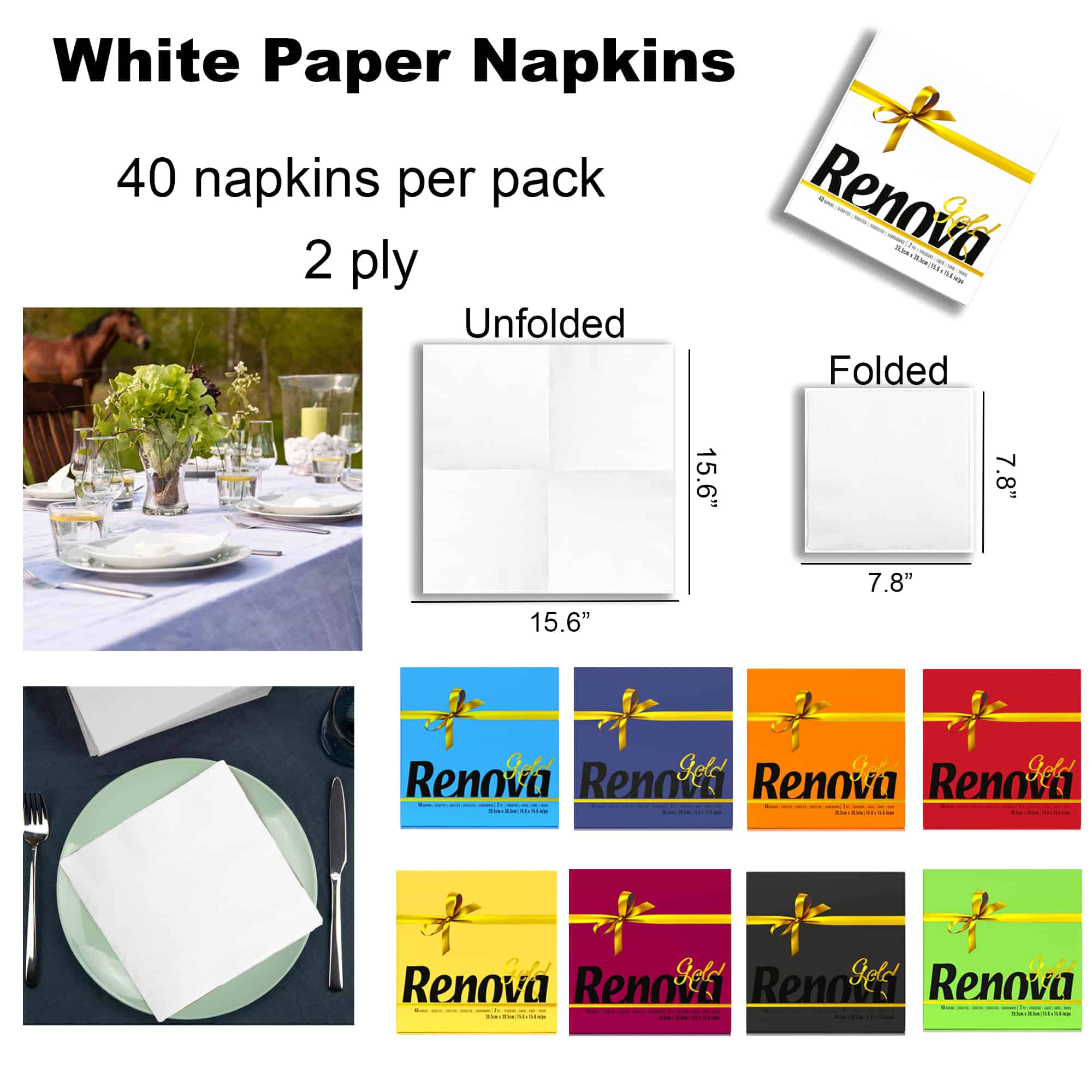 White Luncheon Napkins Pack, Renova, 40 Napkins