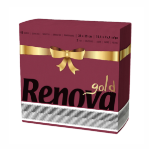 A package of renova Burgundy napkins with a decorative ribbon on the box.