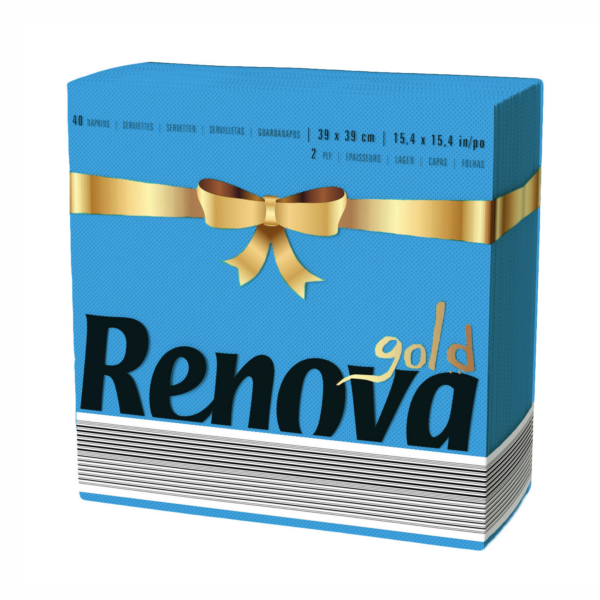 A package of renova gold toilet paper with a blue and gold design.