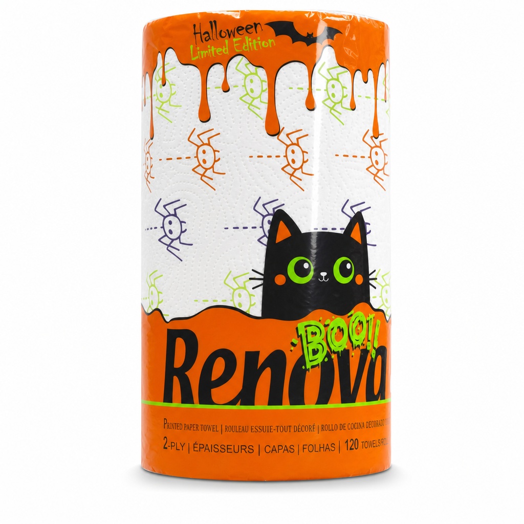 Renova Halloween Paper Towels, 1 Jumbo Roll, 2-Ply, 120 Sheets, Ghost & Pumpkin Print