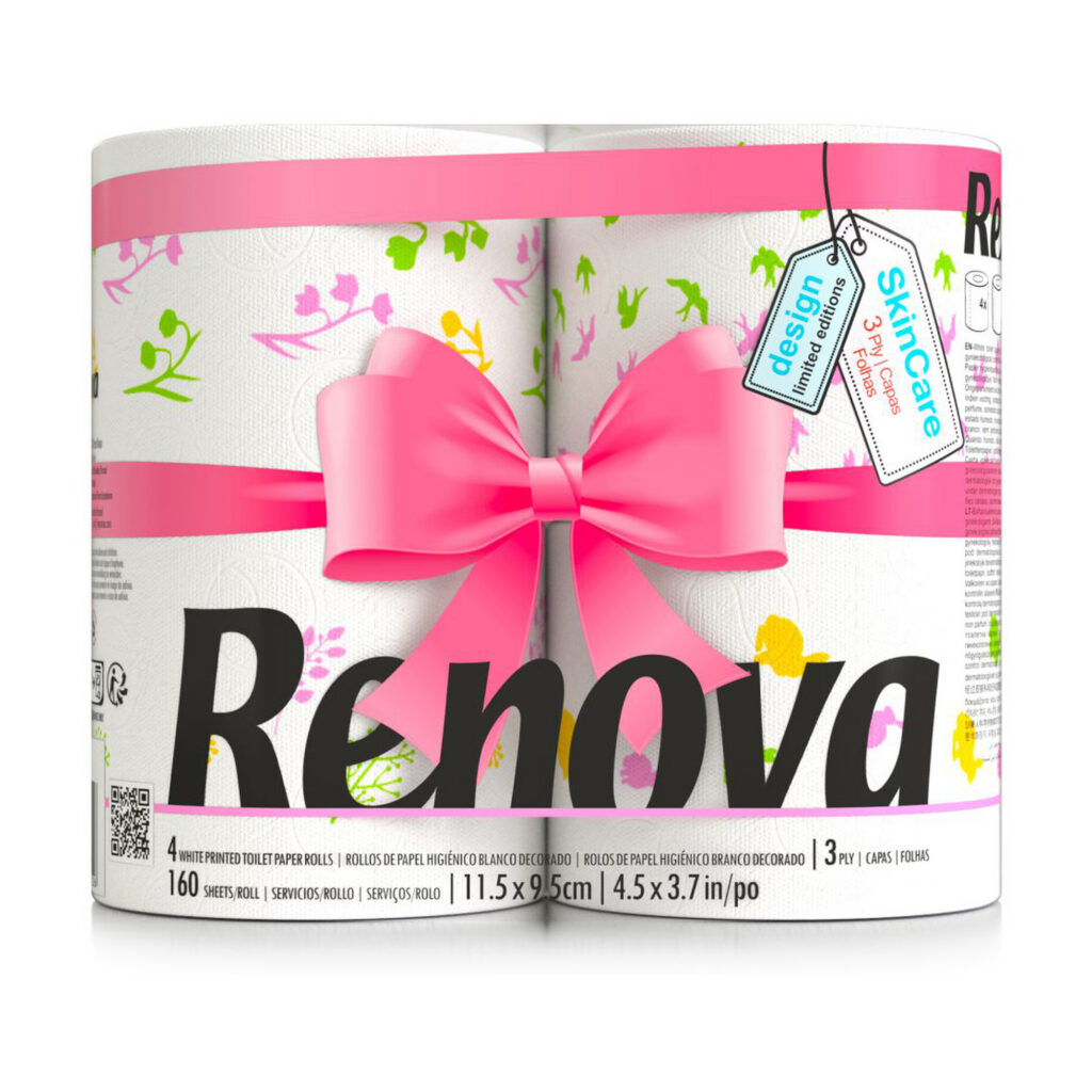 Renova Spring Blossom Toilet Paper 3-Ply, 4 Rolls, 160 Sheets per Roll