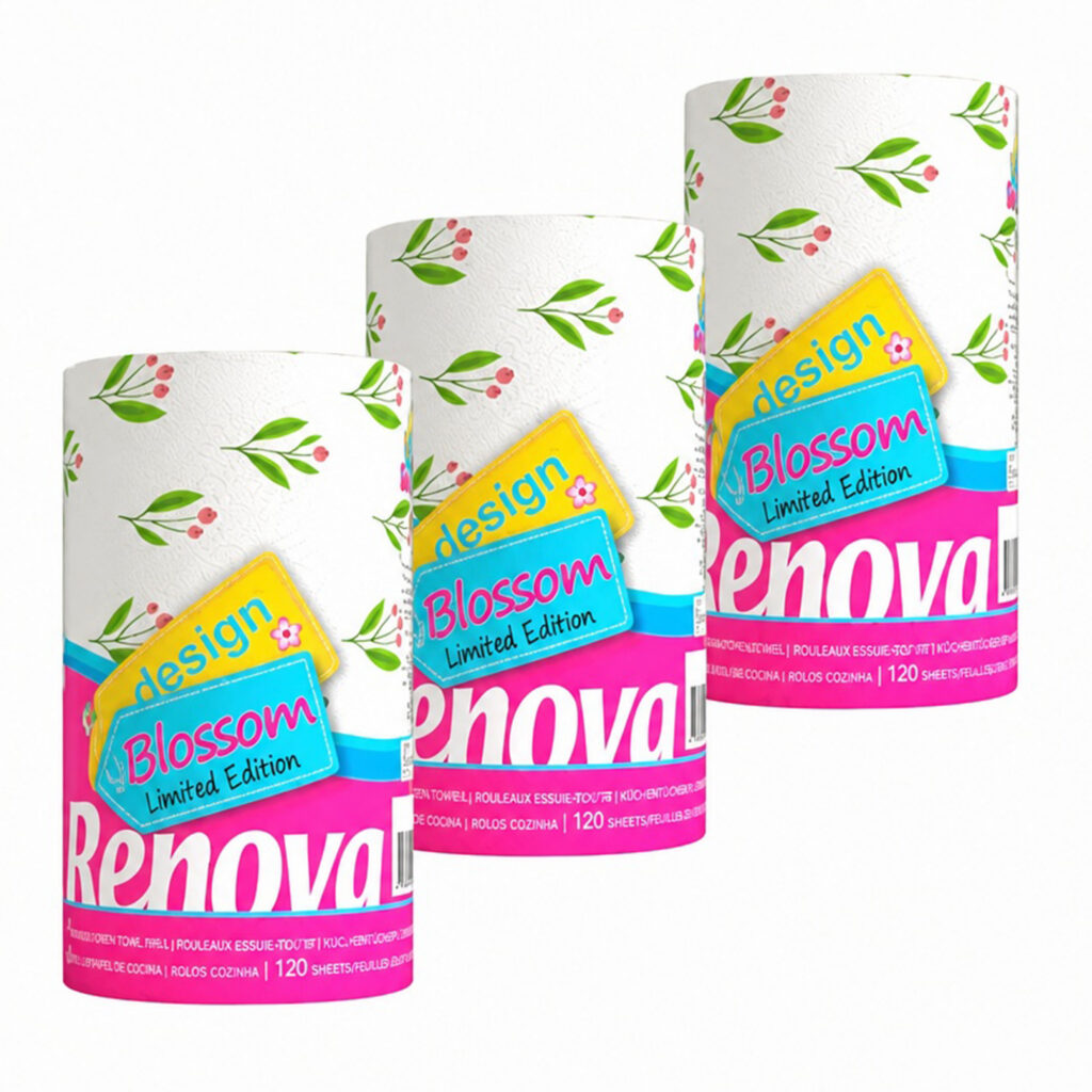 Renova Blossom Kitchen Roll, Set of 3, 2-Ply 120 Sheets, Printed