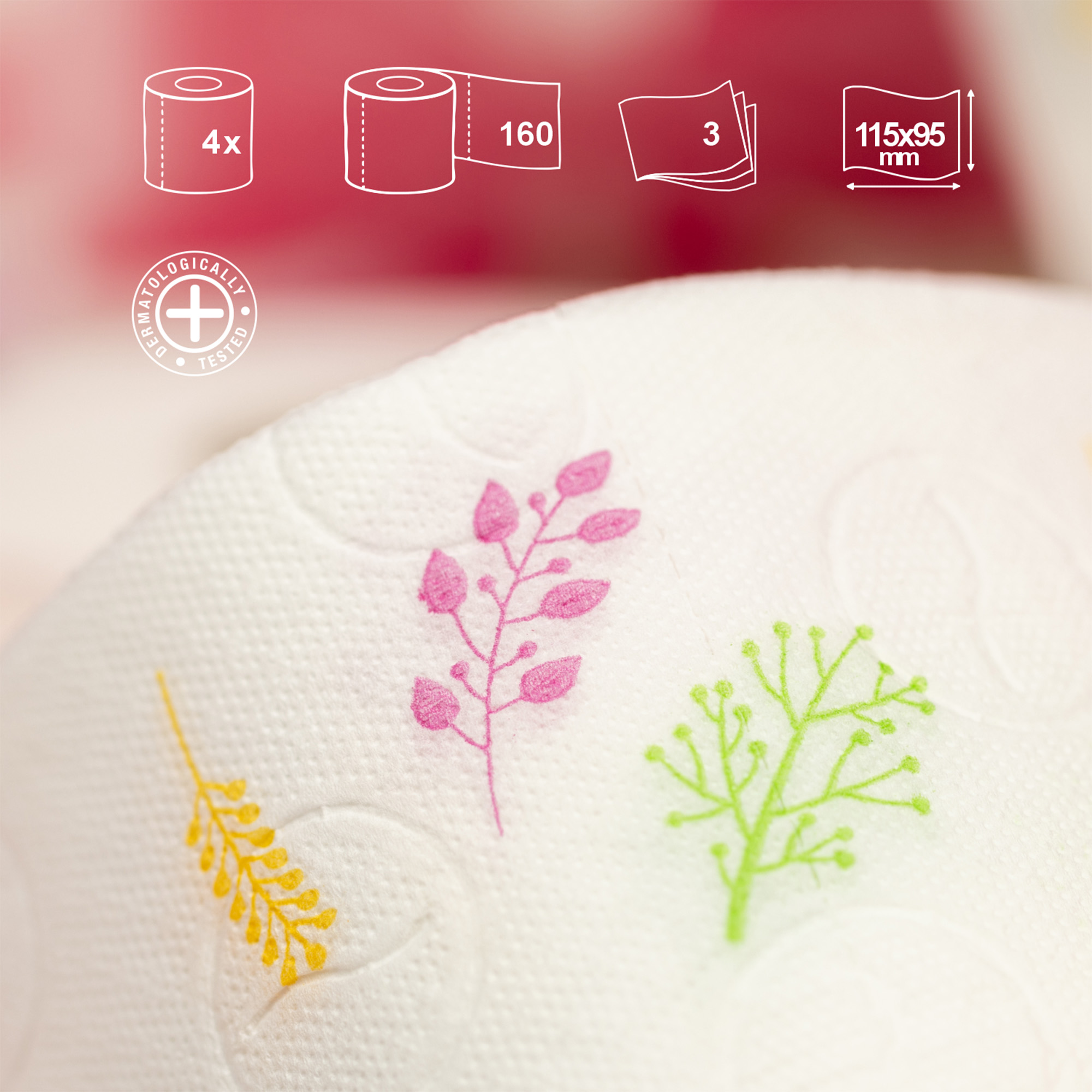 Toilet paper features: 4 rolls, 160 sheets, 3-ply, standard size, dermatologically tested