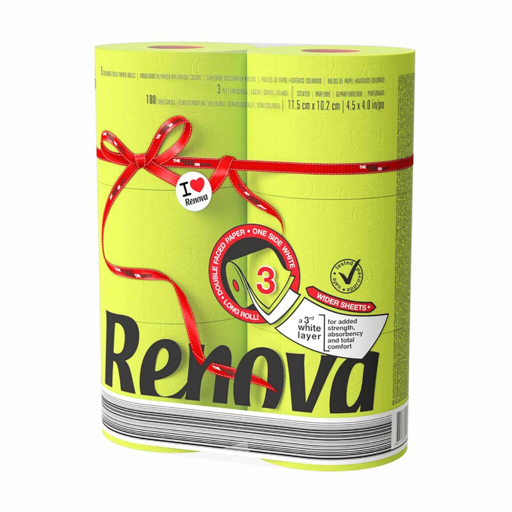 Renova 6 Lime Green Toilet Paper Jumbo Rolls – Pack of 6 rolls – 180 Sheets Each – 3 Ply – EMAS & Ecolabel Certified – Dermatologically & Gynecologically Tested – Elevate Your Restroom with Sustainable Luxury – Soft, Strong & Sustainable