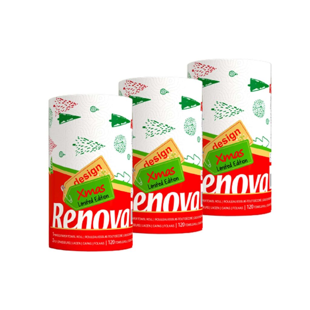 Renova Christmas Kitchen Paper Towel, 3 Jumbo Rolls, 2-Ply 120
