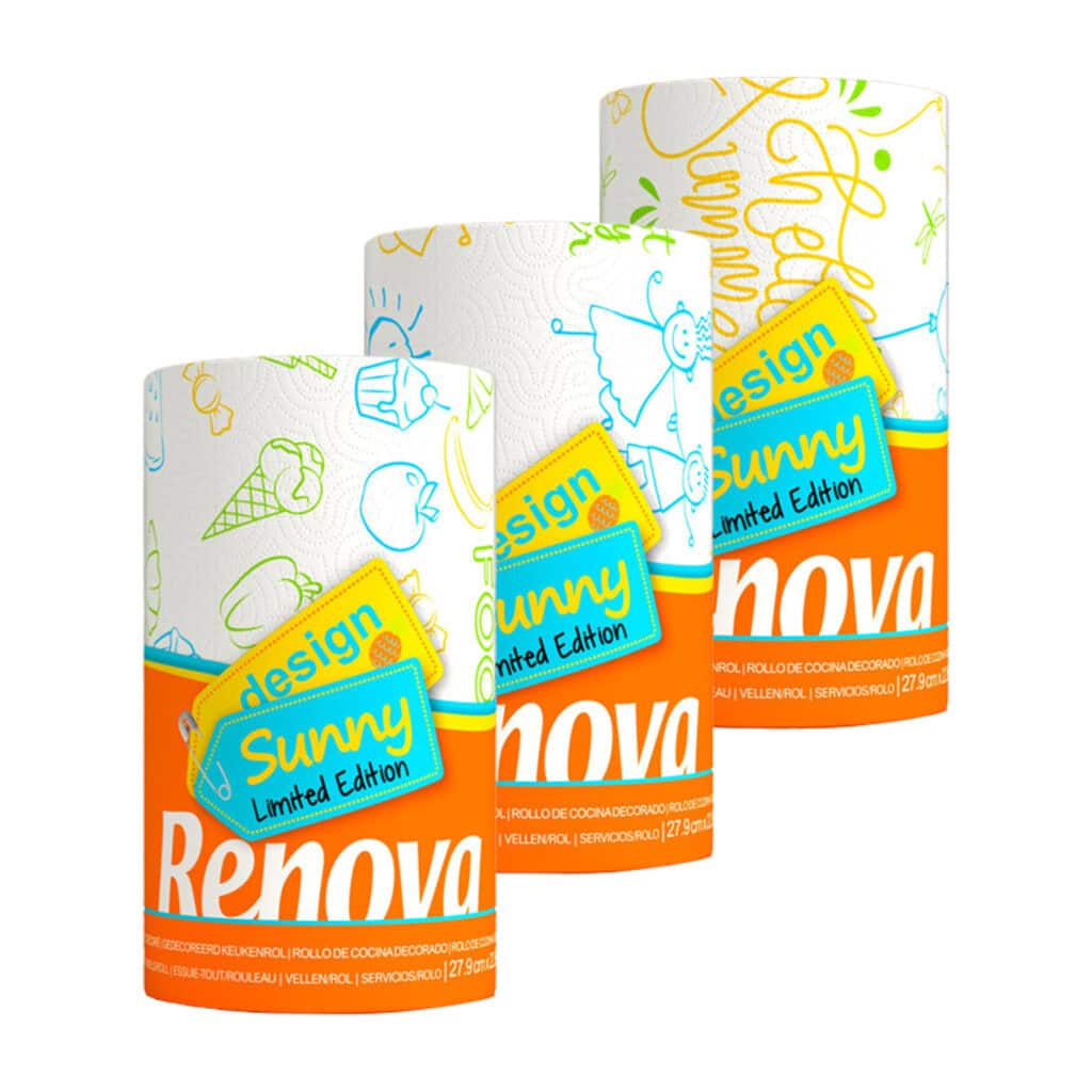 Renova Sunny Design 2-Ply-Set of 3 rolls: Urban, Fun, and Colorful Illustrations | Superior Absorbency on White Tissue | American Format | 120 Sheets per XXL Roll | FSC®-Certified”
