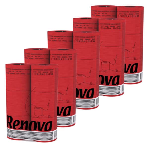 Red Toilet Paper 5-Pack | Renova | 3-Ply Rolls