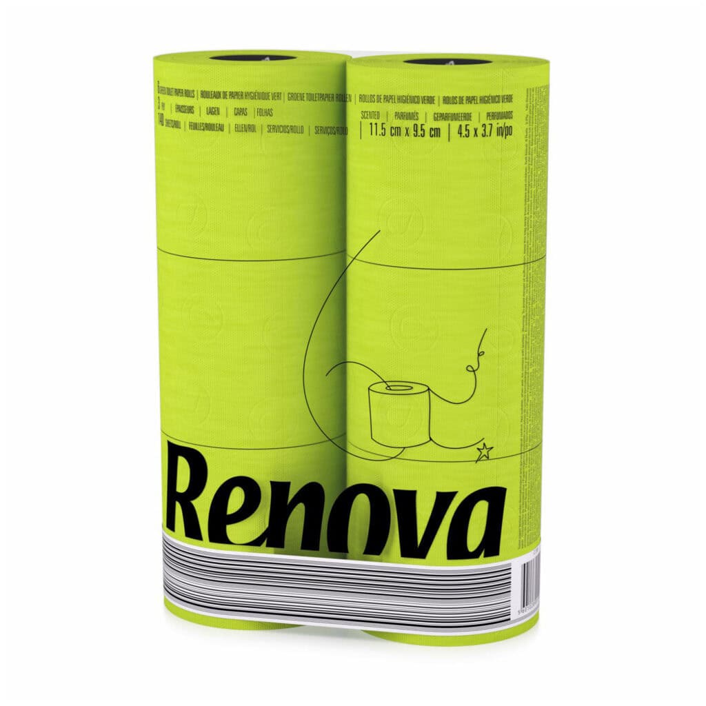 Renova Lime Green Toilet Paper 3-Ply – Ideal for Decorating Your Home or Office – Pack of 6 Compact Rolls- 140 Sheets – Eco-label Certified – Dermatologically Tested – Septic Safe – Sustainable & Soft
