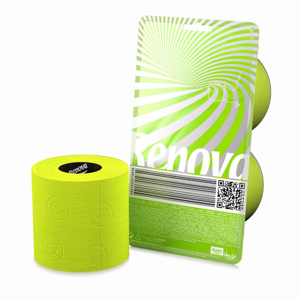Budget-Friendly Delight: 2 Renova Lime Green Toilet Paper Rolls – A Conversation-Inducing Pack! 3-ply, 140 Sheets Each – Dermatologically and Gynecologically Examined – Ecolabel Endorsement