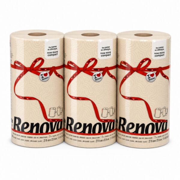 Peach paper towel rolls set of 3 by Renova, three compact rolls in peach cream colour, 2-ply 120 sheets each