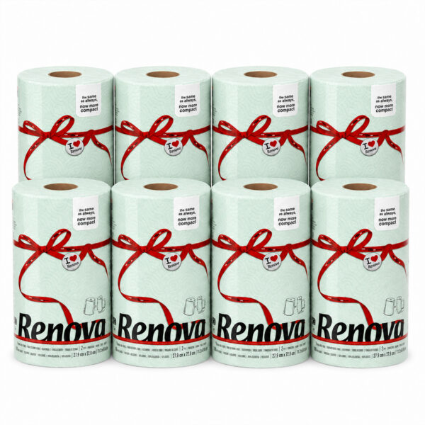 Renova Mint Green Paper Towel Rolls 8-Pack each 2-ply 120 sheets compact on white background