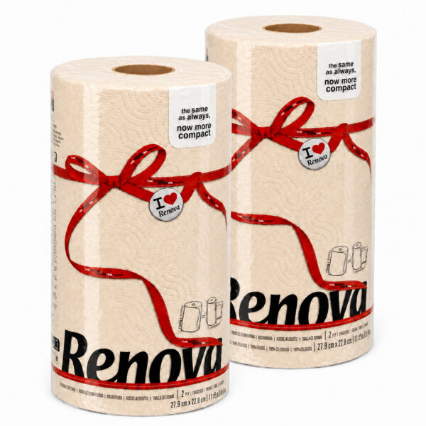 Cream paper towel twin pack by Renova showing 2 compact rolls side by side, 2-ply 120 sheets each with red bow