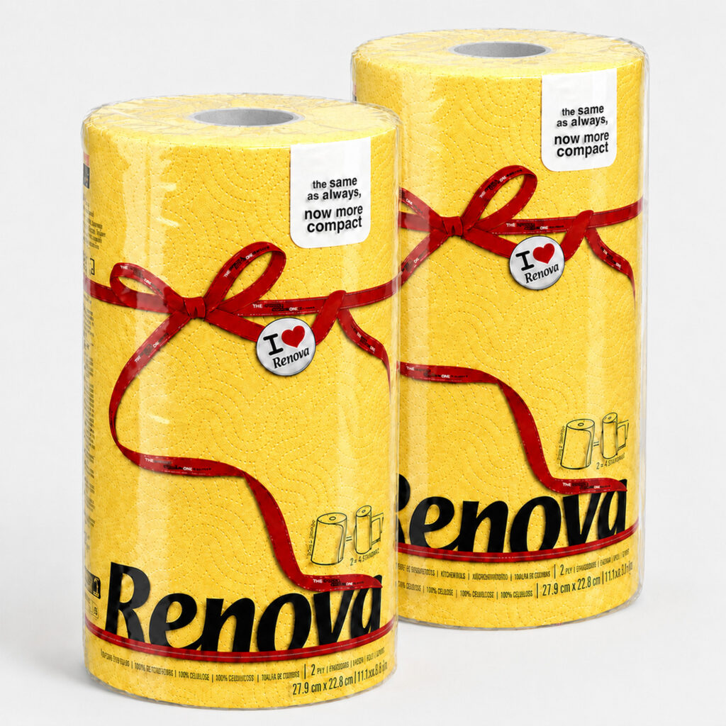 Renova Yellow Paper Towel Rolls 2-Ply 120 Sheets, 2 Rolls
