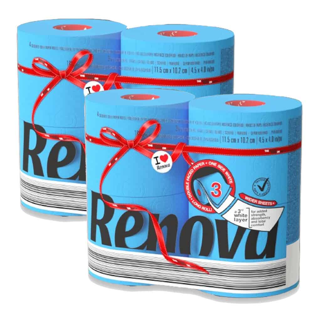 Renova Blue Toilet Paper Jumbo 3-Ply 180 Sheets, 2×4 Pack (8 Rolls)