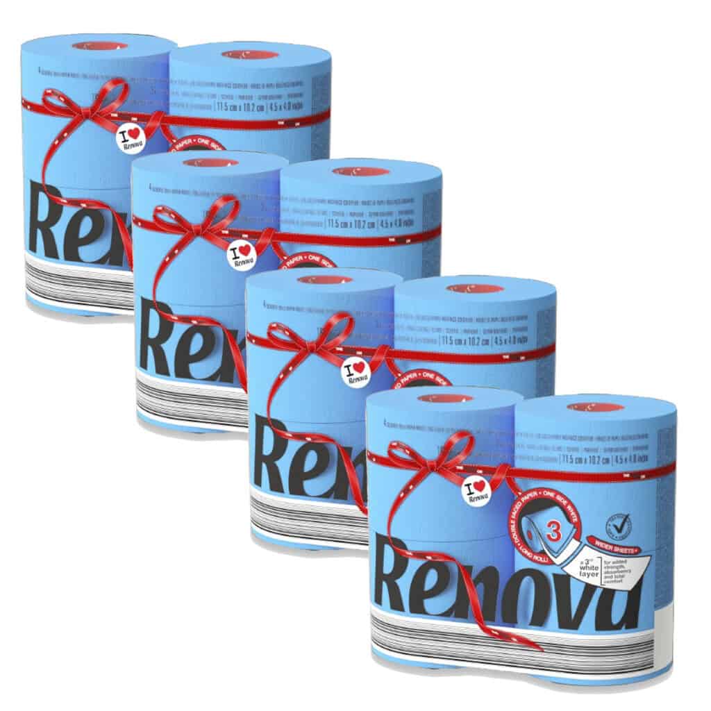 Renova Blue Toilet Paper Jumbo 3-Ply 180 Sheets, 4×4 Pack (16 Rolls)