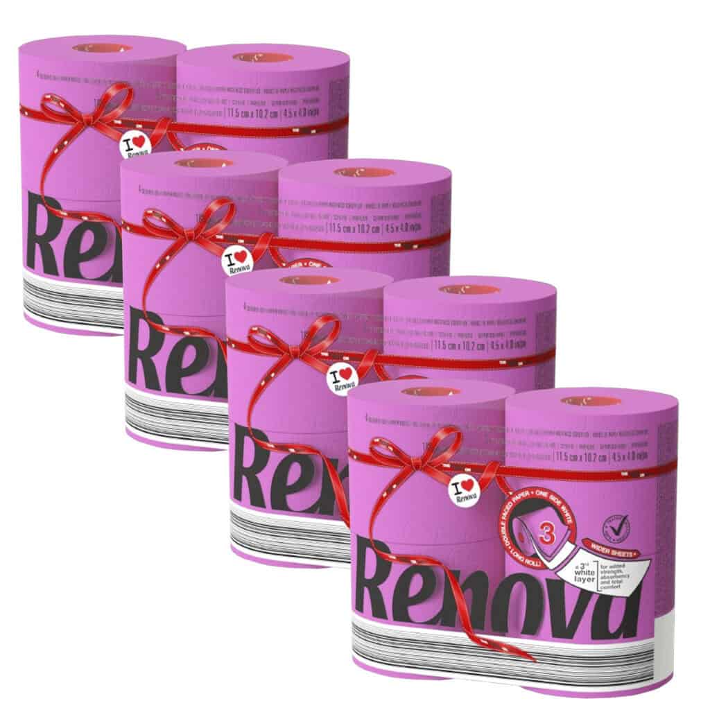 Renova Fuscia Toilet Paper Jumbo 3-Ply 180 Sheets, 4×4 Pack (16 Rolls)