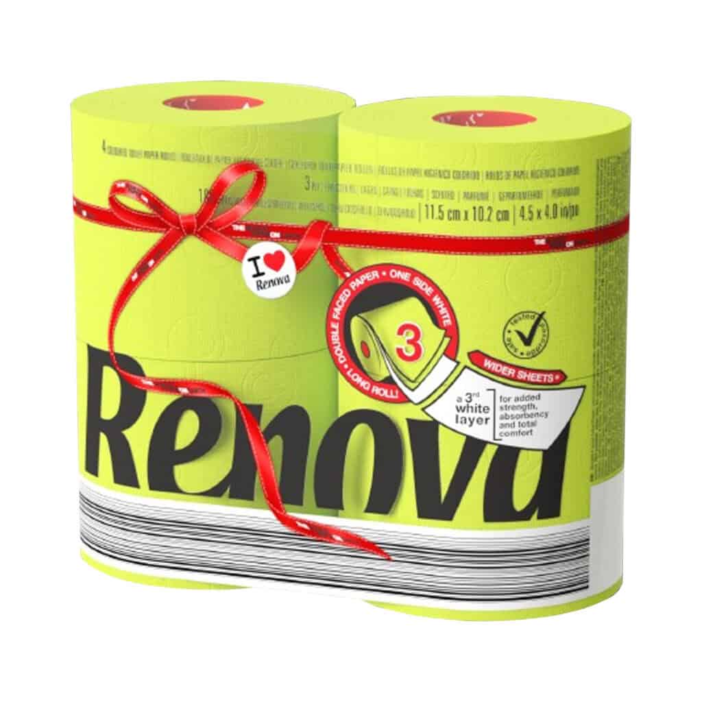 Renova Lime Green Toilet Paper – 4 Jumbo Rolls, 3-Ply, 180 Sheets, Eco-Friendly & Premium Bathroom Tissue