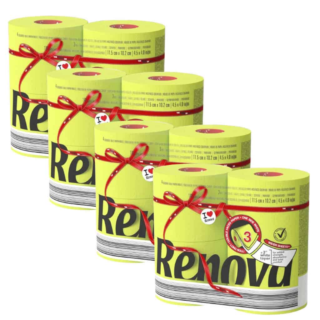Renova Lime Green Toilet Paper Jumbo 3-Ply 180 Sheets, 4×4 Pack (16 Rolls)
